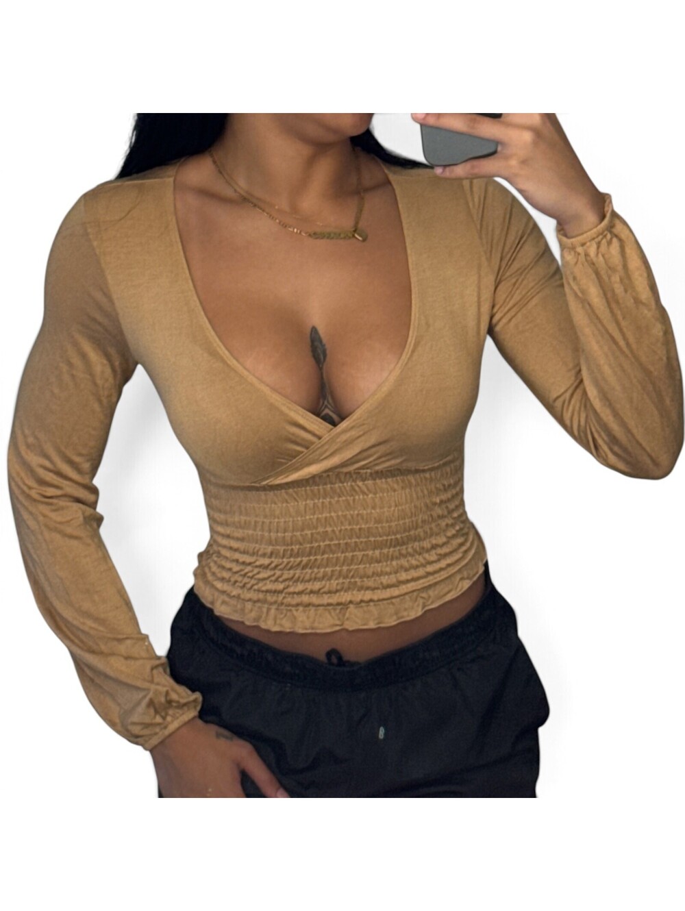 Tan Wrap V-Neck Long Sleeve Smocked Crop Top